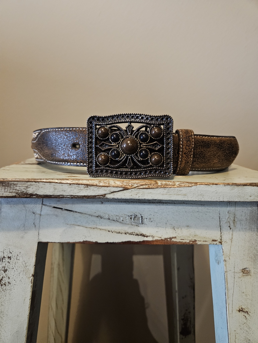 Women's Nocona's Belt Co. Brown Leather Belt with Ornate Silver-Tone Buckle